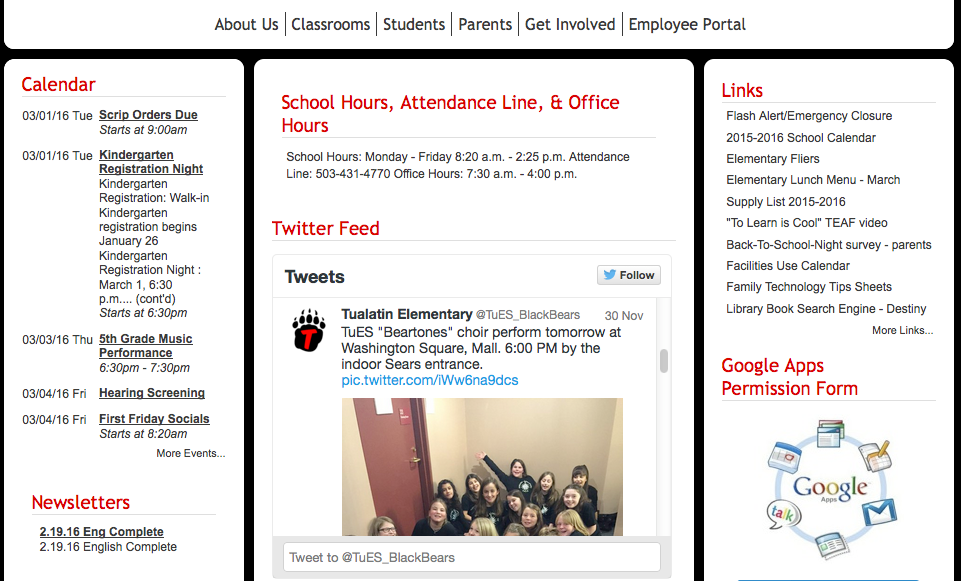 Tualatin Elementary website with twitter feeed embedded.