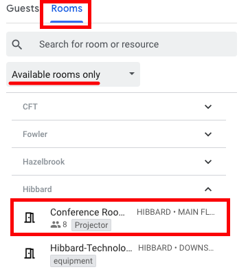 Adding the conference room resource to a calendar event.