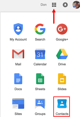 Google app switcher with "groups" highlighted