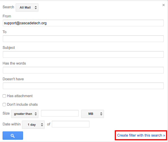filter criteria screen with an email address in the from: field