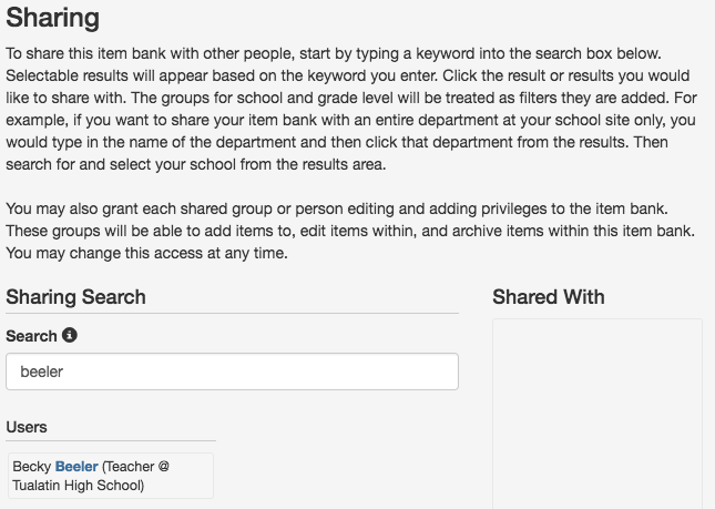 item bank sharing area with a search field and with search results showing