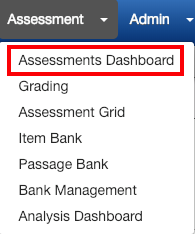 Assessment menu with the Assessments dashboard menu item selected.