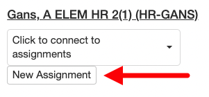 Teacher homeroom name, a pulldown menu for selecting an existing assignment, and a "new assignment" button.