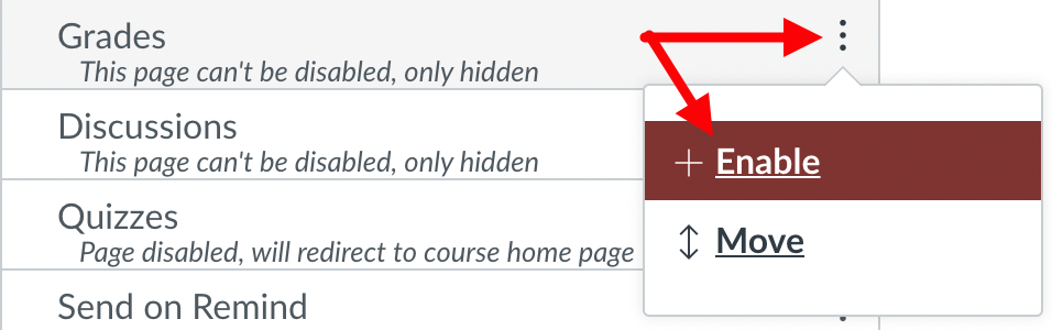 grades navigation element with three vertical dots highlighted and an "+enable" menu option selected.