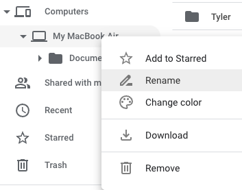 Google drive file path: computers > My MacBook air. A contextual popup menu has the "rename" menu item highlighted