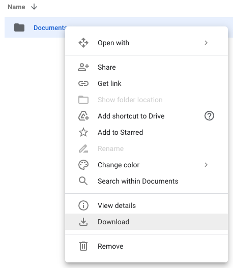 Documents folder in Google Drive with a contextual menu showing that "download" has been selected.
