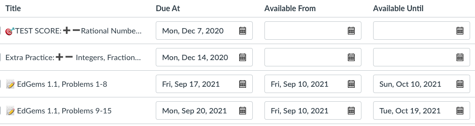 Assignment dates screen with the following columns: title, due at, available fro, and available until.