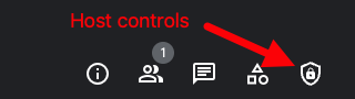 Series of icons at the bottom of Meet screen. The farthest right icon of a shield is highlighted as the host controls icon.,