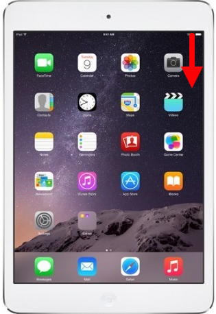 iPad with a down pointing arrow in the top right corner of the screen.
