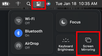 Top right area of macOS screen. Control center toggle menu icon and "screen mirroring" icon are both highlighted.