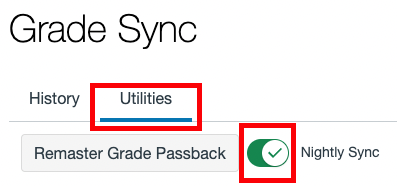 grade sync utilities tab. A "nightly sync" toggle is toggled to the right in the "on" position.