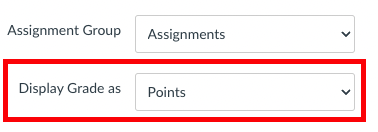 Canvas assignment creations screen. "Display grade as" pulldown menu with "points" selected.