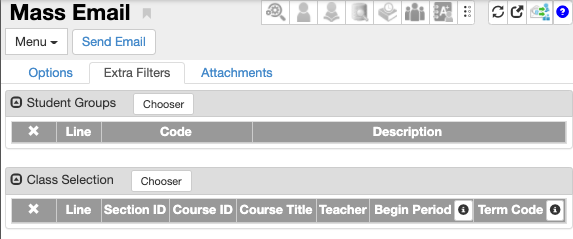 extra filters tab with option to add a class section or student group. Each has a "chooser" button for making selections.