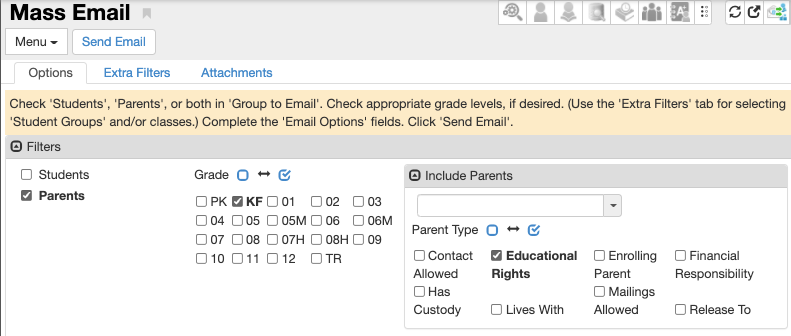 mass email screen with checkboxes for selecting: students, parents, grade levels and qualifying parent rights.