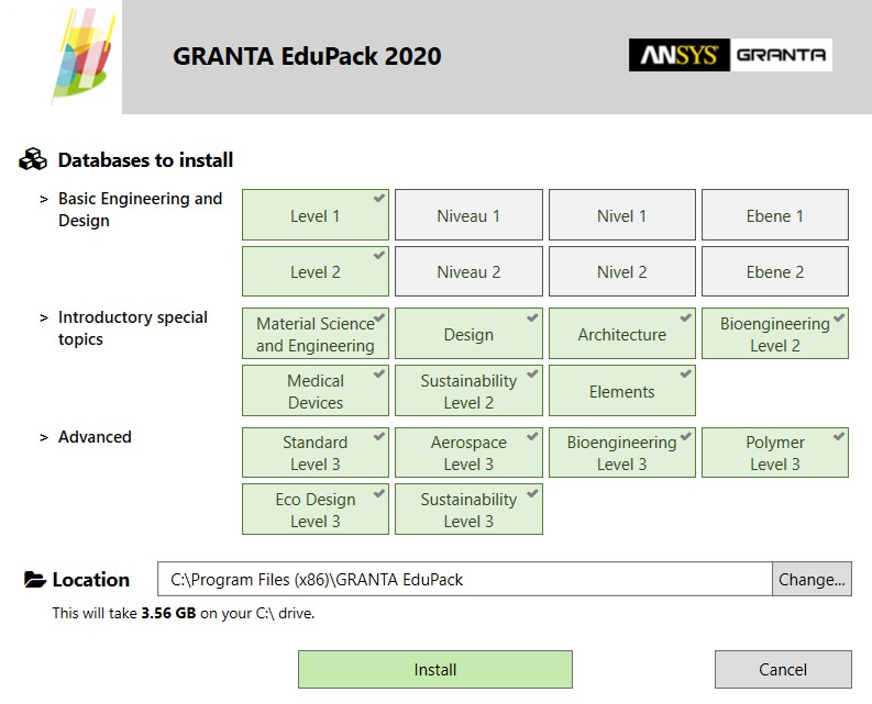 screenshot of package options