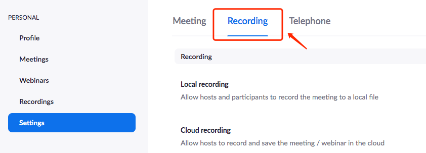 Settings window shows three options, Meeting, Recording and Telephone. Recording is the middle option
