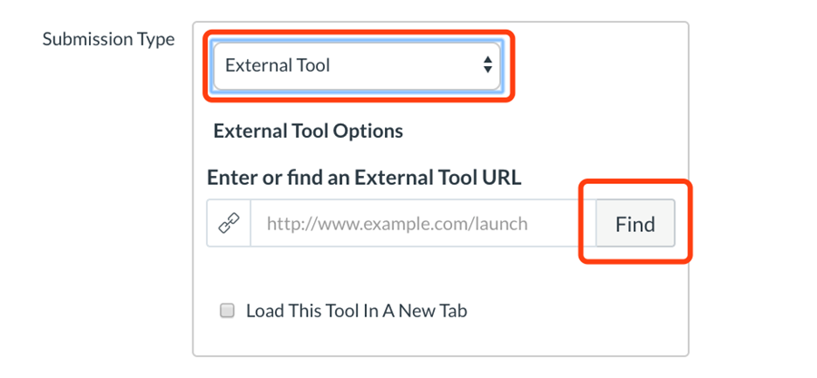 Submission option box, "find" button under "enter or find an external tool url"