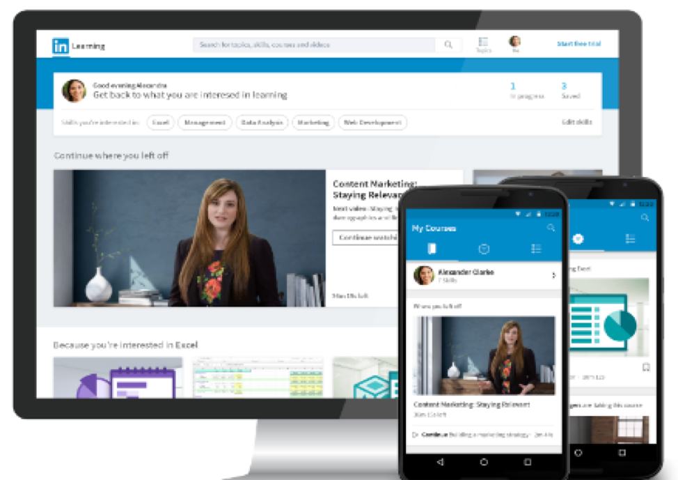 screen shot of how LinkedIn Learning looks on a desktop and mobile device