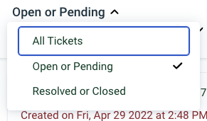 "Open or Pending" pulldown menu with the following options: All tickets, Open or pending, and resolved or closed.