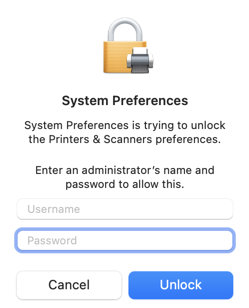 printer system preference prompt to enter an adminestrator's username and password. "Cancel" and "unlock" buttons at the bottom.