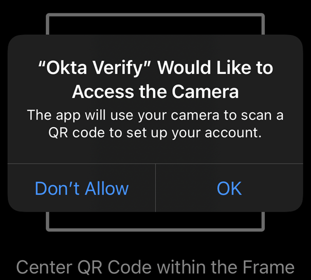 Screenshot of Okta Verify App requesting mobile device camera
