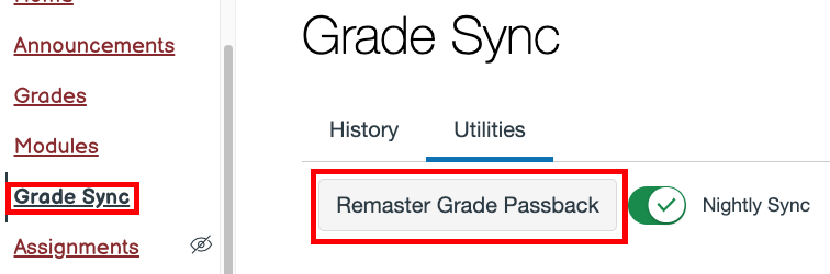 Grade sync screen, utilities tab. A "remaster grade passback, button is highlighted.