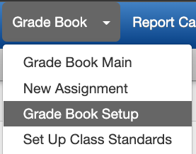 Synergy grade book menu with the "grade book setup" menu item selected.