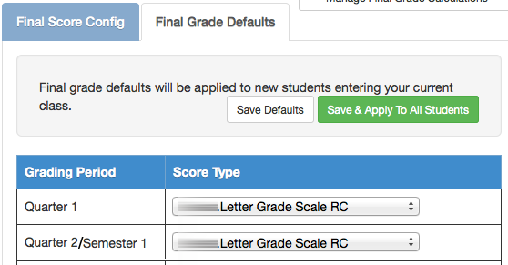 Final grade defaults screen. Selecting scales for each term.