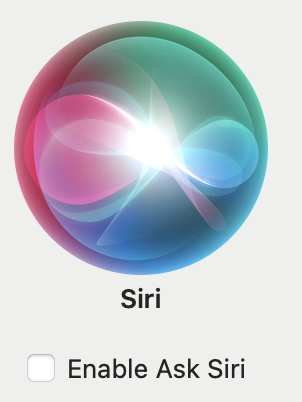 Siri system preference panel. "Enable Ask Siri" box is not checked.