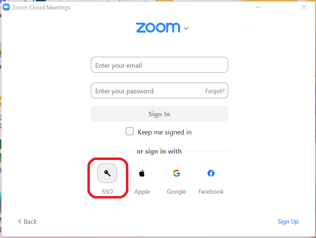 Zoom Sign In Window, Sign in with SSO Button