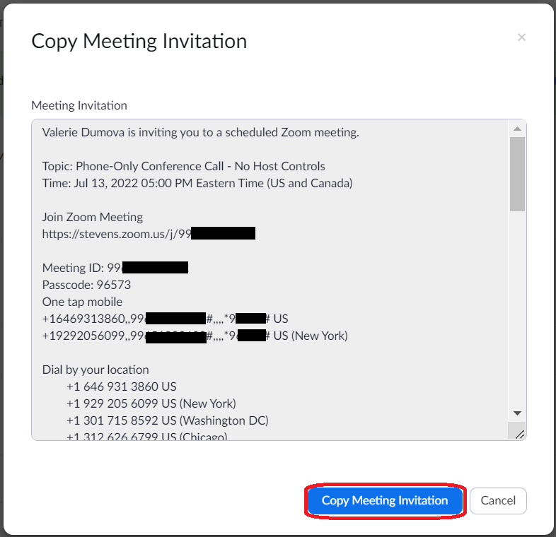 Copy meeting Invitation button and information of meeting details displayed