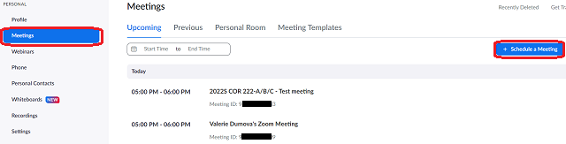 Selecting meetings opens the meetings tab, blue button "schedule a meeting" on upper righthand side