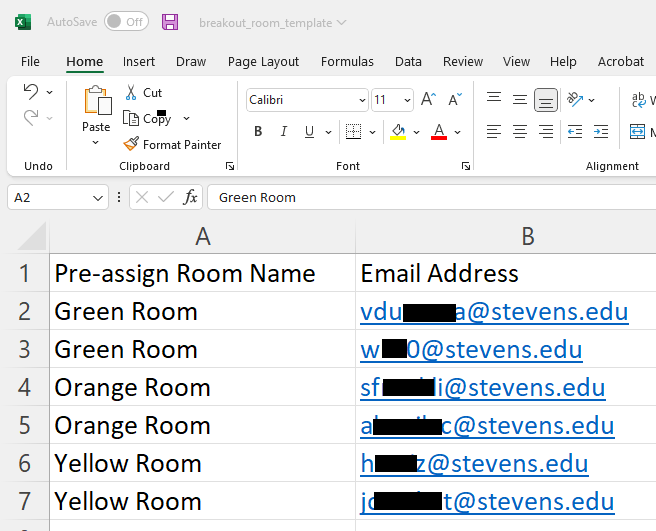 Excel file reflecting breakout rooms and participant emails