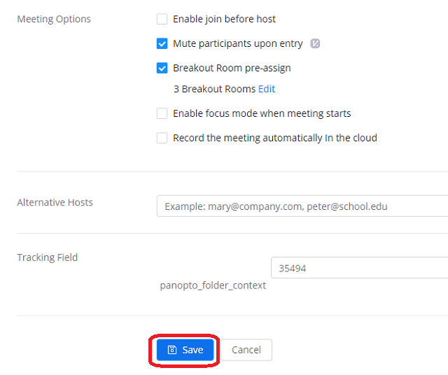 Blue save button at the bottom of the meeting options