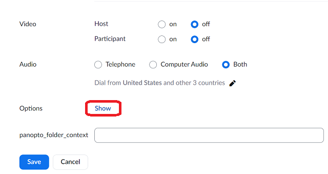 Zoom meeting options. Next to options there is a blue texted button reading "show"
