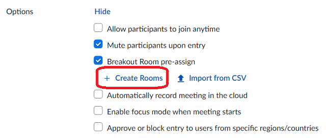 Under the breakout room pre-assign check box, there is a blue text option "create rooms"
