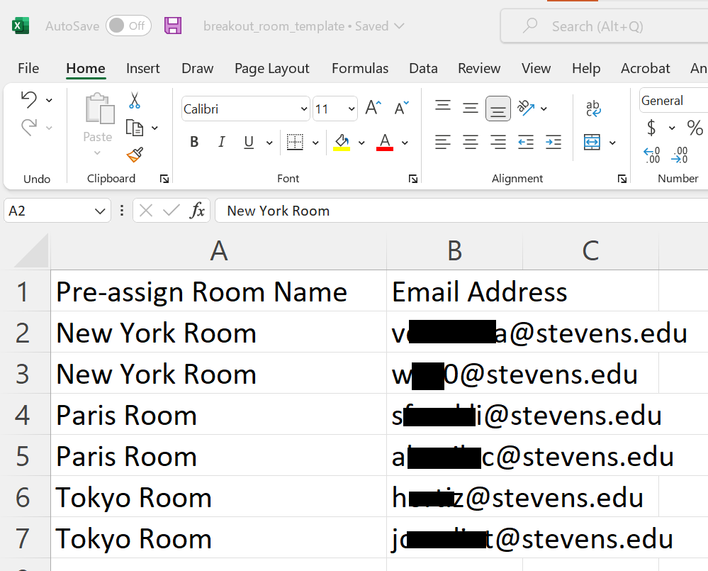 Excel file reflecting pre-assigned rooms and participants added