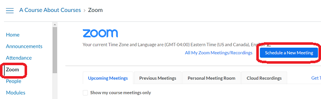 Under the zoom canvas tab, there is a blue button labeled "schedule a new meeting"