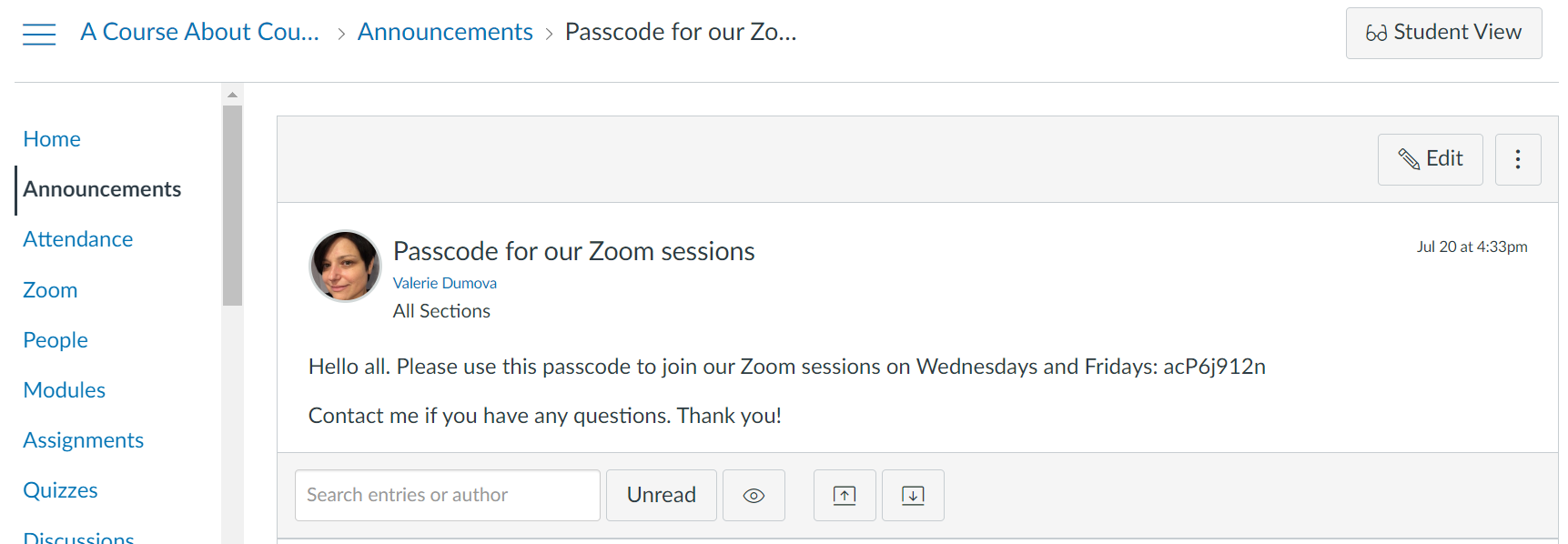 canvas message telling the students the meeting passcode