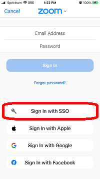 Zoom Mobile App Sign in with SSO Button
