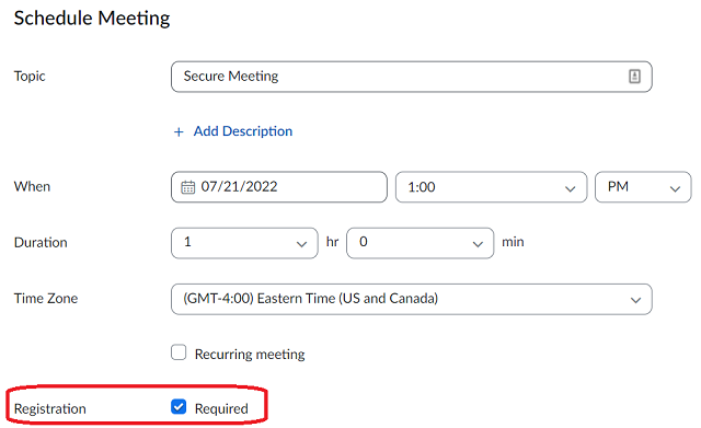 schedule meeting details, at the bottom of the screen next to registration there is a checkbox for required