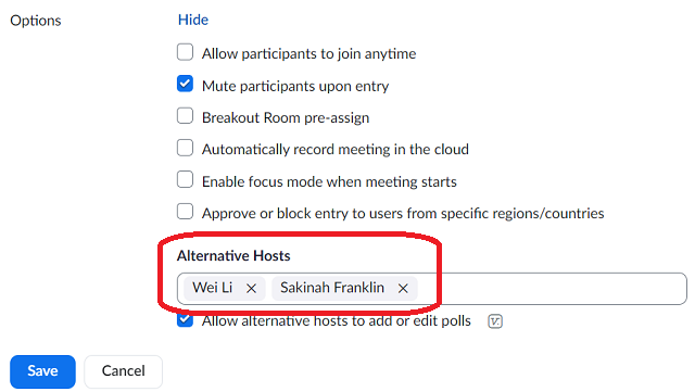 alternative hosts text box under meeting options