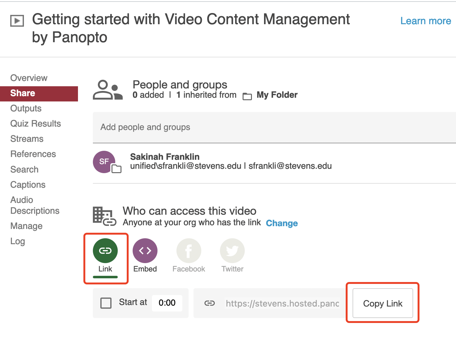 Panopto video share settings with the link option and copy link buttons highlighted