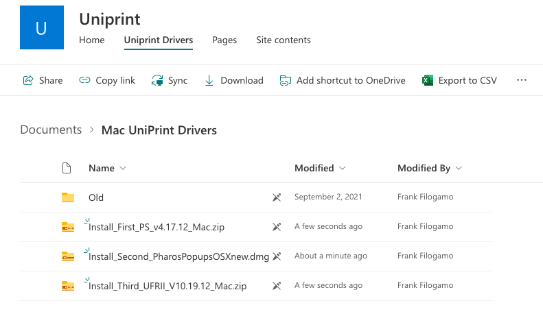 screenshot of uniprint MACOS drivers