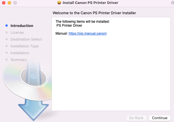screenshot of Canon PS Driver installer