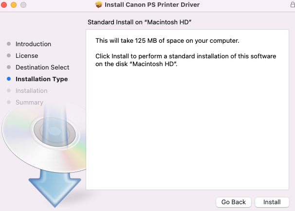 screenshot of  installation type