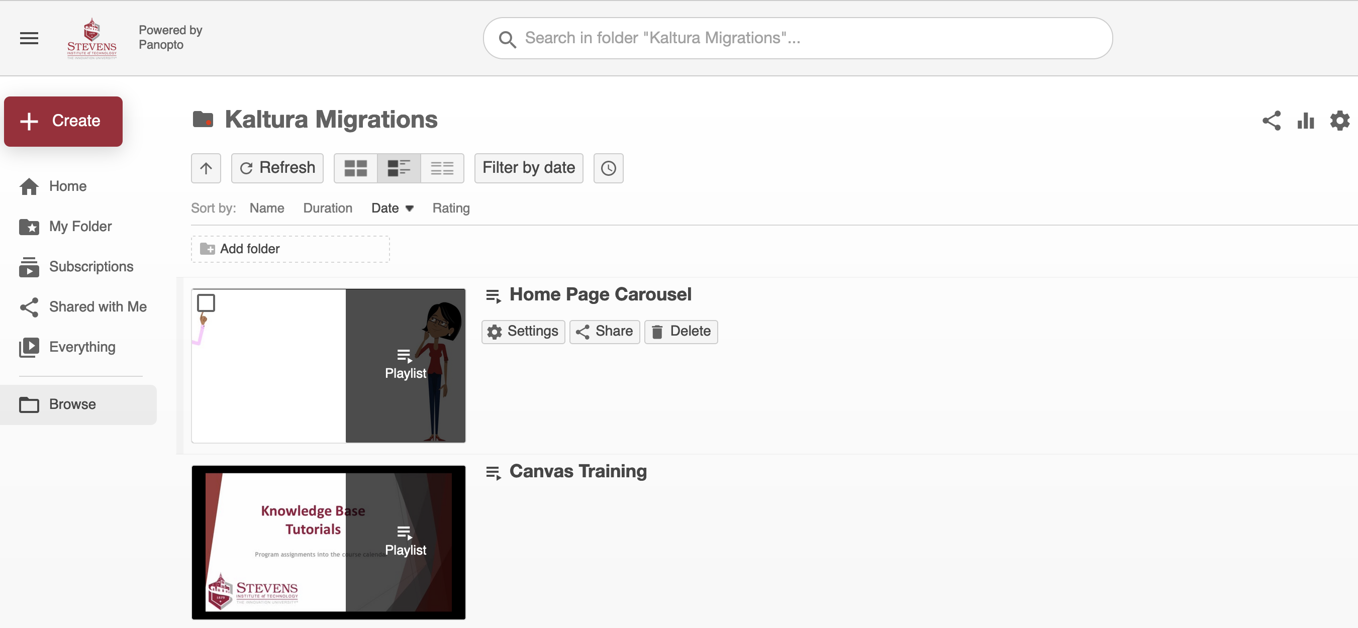 screen shot of Kaltura Migrations folder content