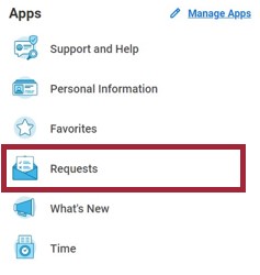 The Global Navigation menu expanded from the Workday Today homepage. A series of Apps are listed in the menu, with the Requests app highlighted.