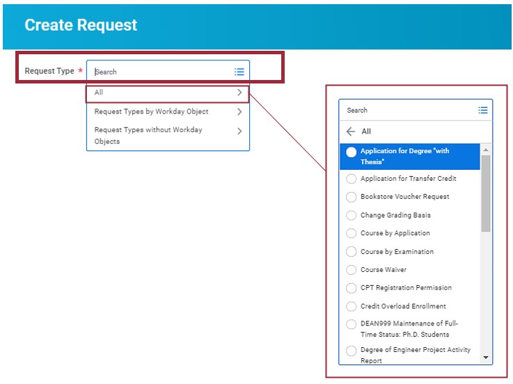 Screenshot displaying Request type field where user can enter, search, or view all request types and selects one.