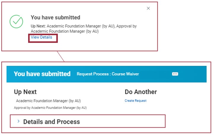 Screenshot displaying successful request submission. User selects view details to see additional information and selects arrow to expand details and process.